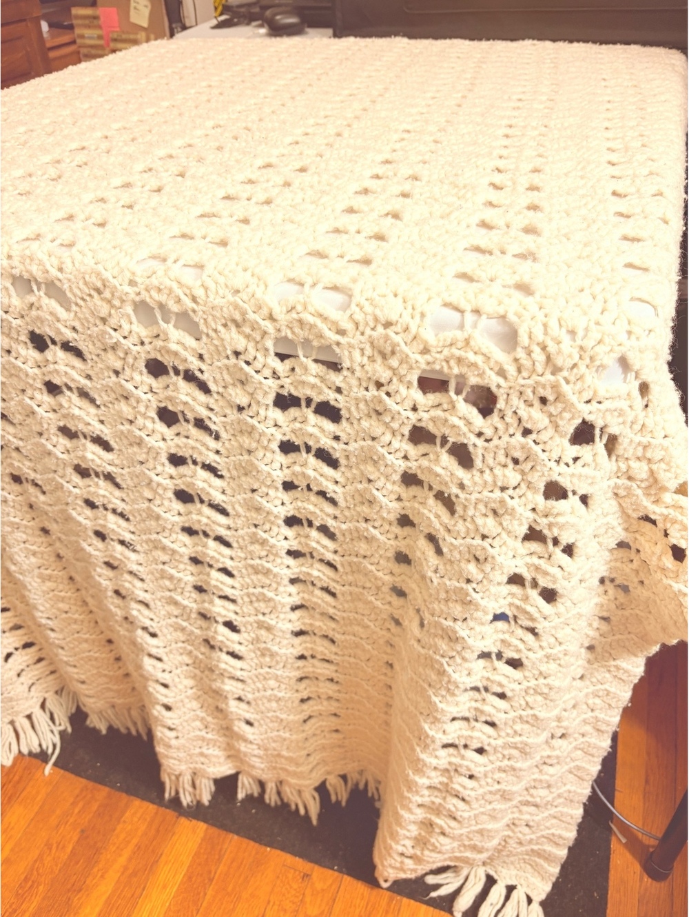 Handmade Crochet Afghan Throw Blanket Cream Fringe 85” x 41”